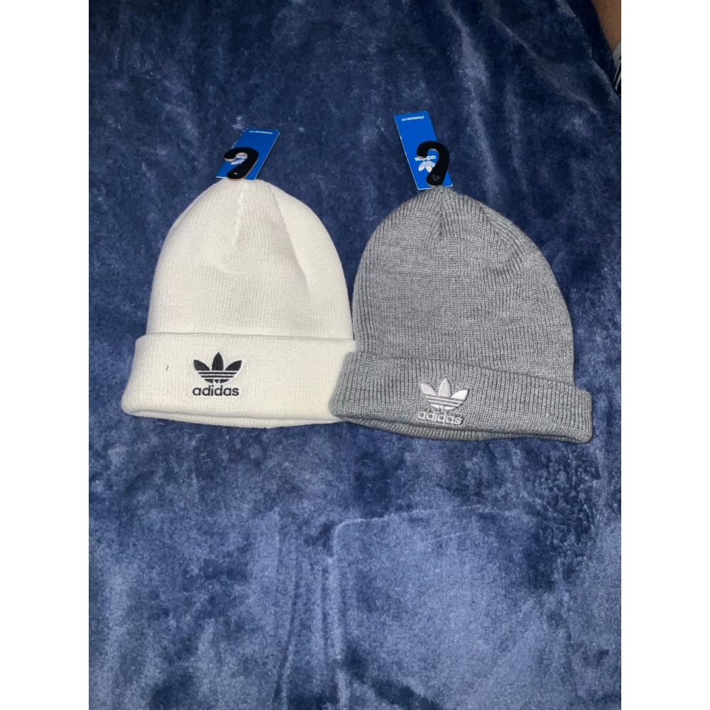 Adidas Originals Trefoil beanies in white and grey